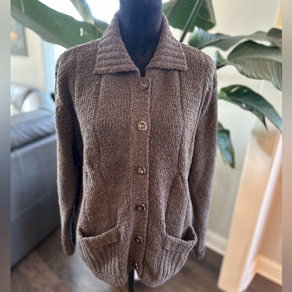 Chunky Knit CO & EDDY Button Up Cardigan Sweater Taupe Brown Women M - Picture 2 of 11